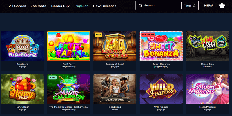 casino games lobby on nordslot.com